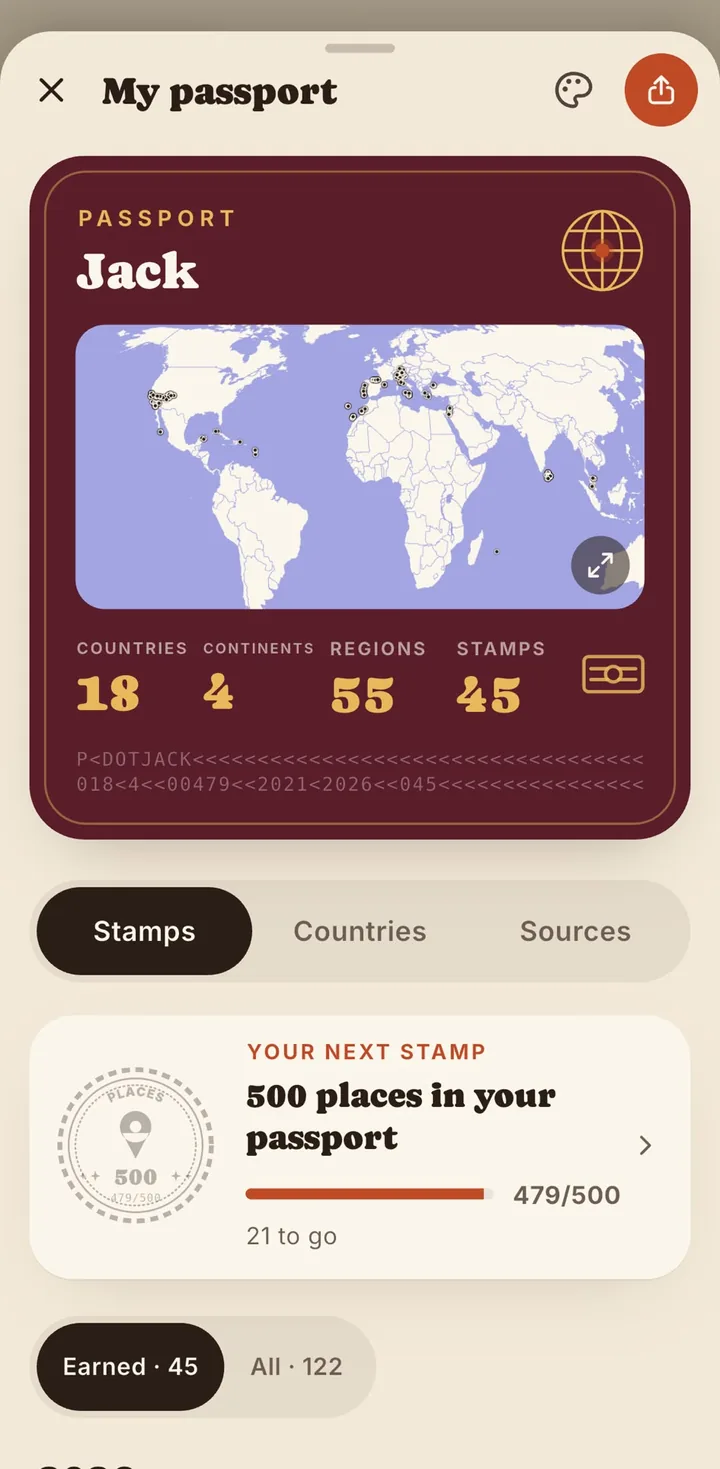 My passport: the cover with the map, countries, continents, regions and stamps, and the next stamp