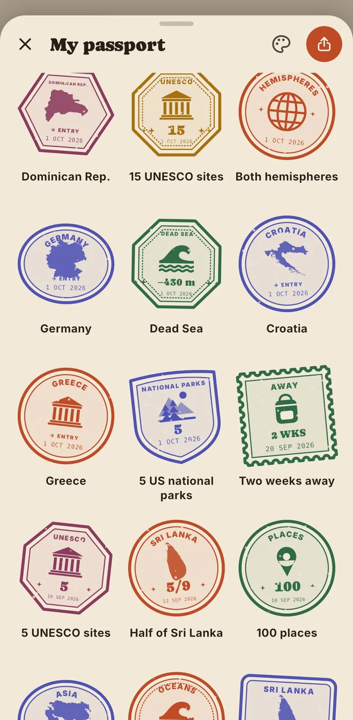 Stamps earned: countries, UNESCO sites, Dead Sea, national parks