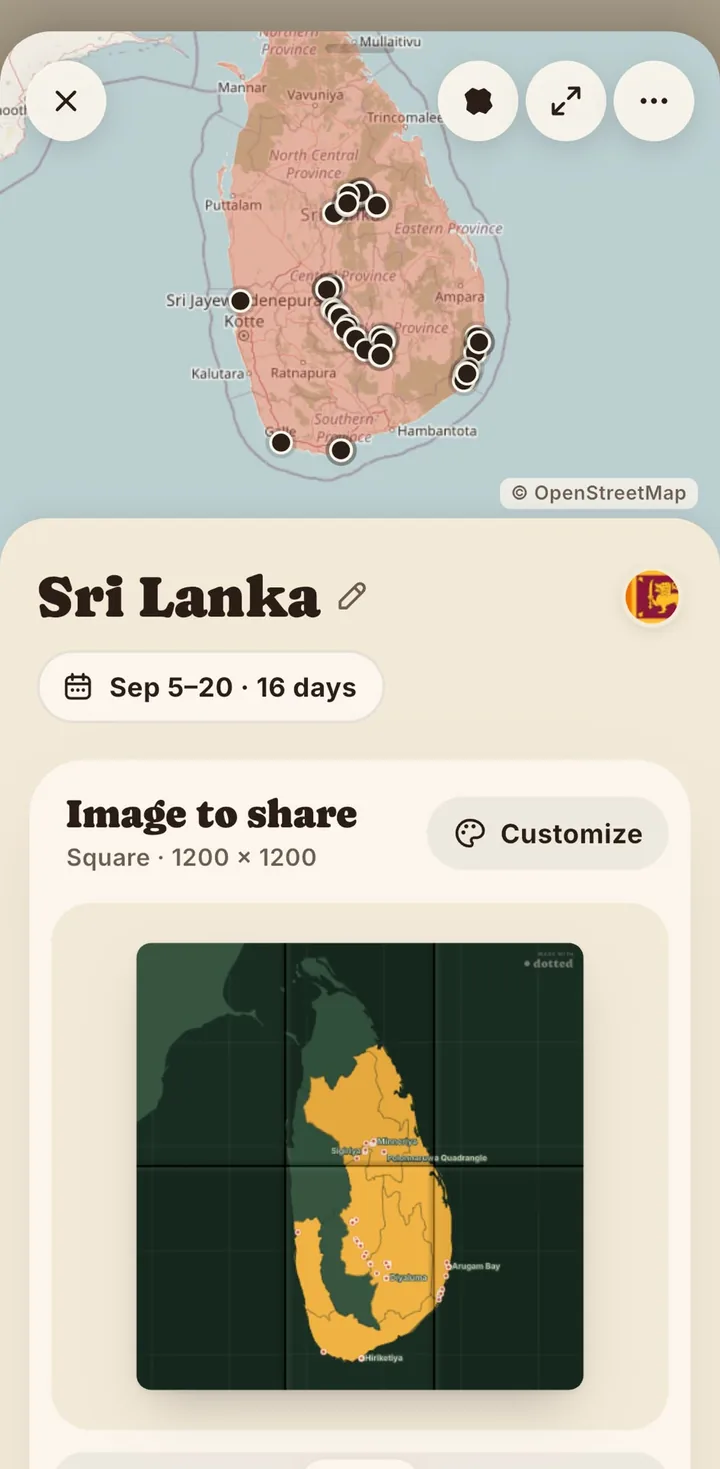A trip in Dotted: the map, the dates and the image to share